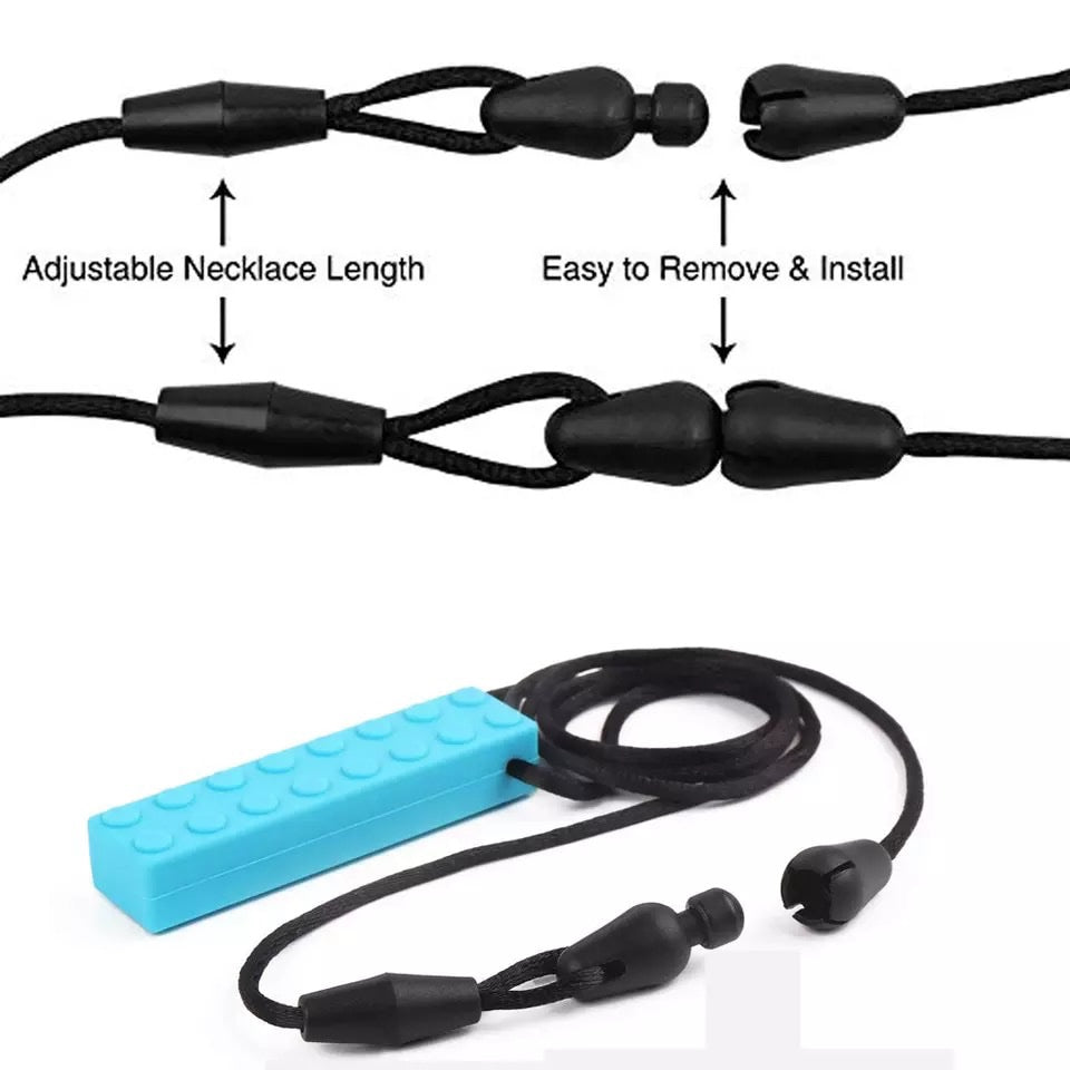 Silicone Sensory Necklace Sensory necklaces are great for kids ages 3+. Discreet and can be worn under tee-shirts at school, in times of stress, anxiety or restlessness our sensory necklaces are there to help. Our block pendant necklaces come fitted with a safety break away clasp like all our silicone jewellery. Blocks are currently available in Blue, Red, Yellow, Green, Orange and Turquoise. Easy adjustable length from child to adult.