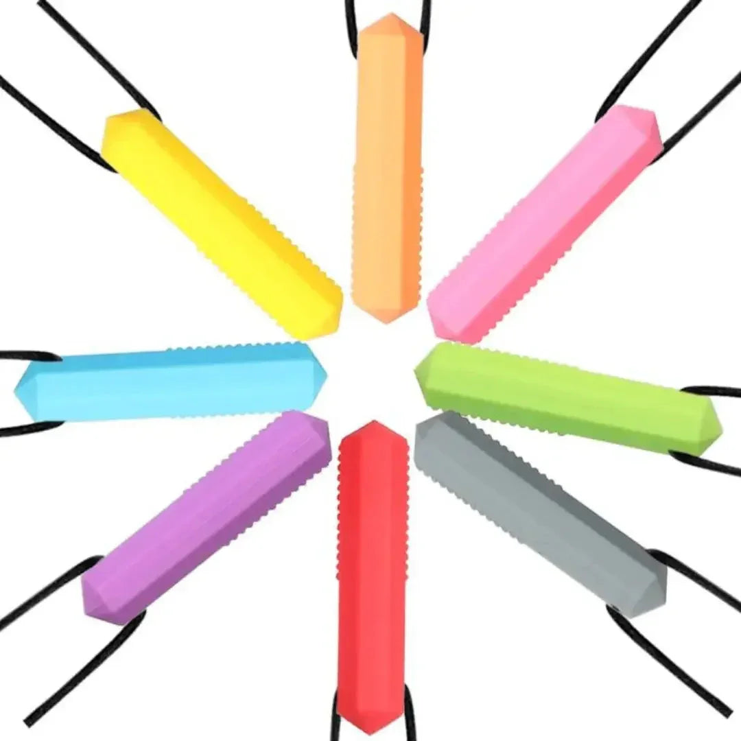 Silicone Sensory Necklace Sensory necklaces are great for kids ages 3+. Discreet and can be worn under tee-shirts at school, in times of stress, anxiety or restlessness our sensory necklaces are there to help. Our block pendant necklaces come fitted with a safety break away clasp like all our silicone jewellery. Blocks are currently available in Blue, Red, Yellow, Green, Orange and Turquoise. Easy adjustable length from child to adult.