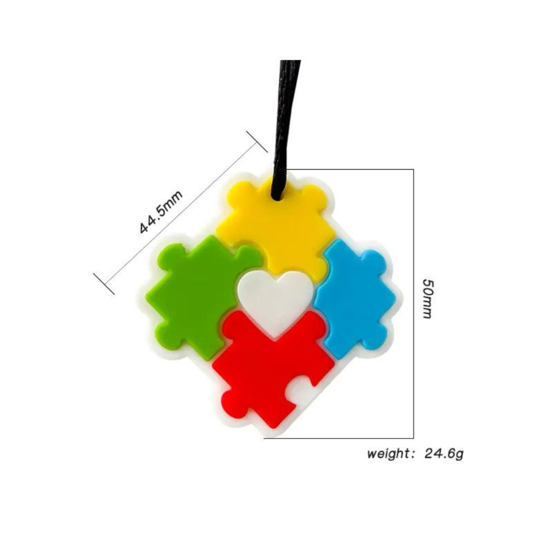 Silicone Sensory Necklace Sensory necklaces are great for kids ages 3+. Discreet and can be worn under tee-shirts at school, in times of stress, anxiety or restlessness our sensory necklaces are there to help. Our block pendant necklaces come fitted with a safety break away clasp like all our silicone jewellery. Blocks are currently available in Blue, Red, Yellow, Green, Orange and Turquoise. Easy adjustable length from child to adult.