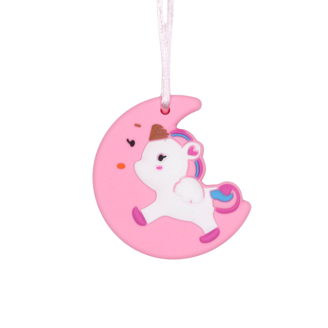 Pink crescent moon silicone sensory necklace with a unicorn