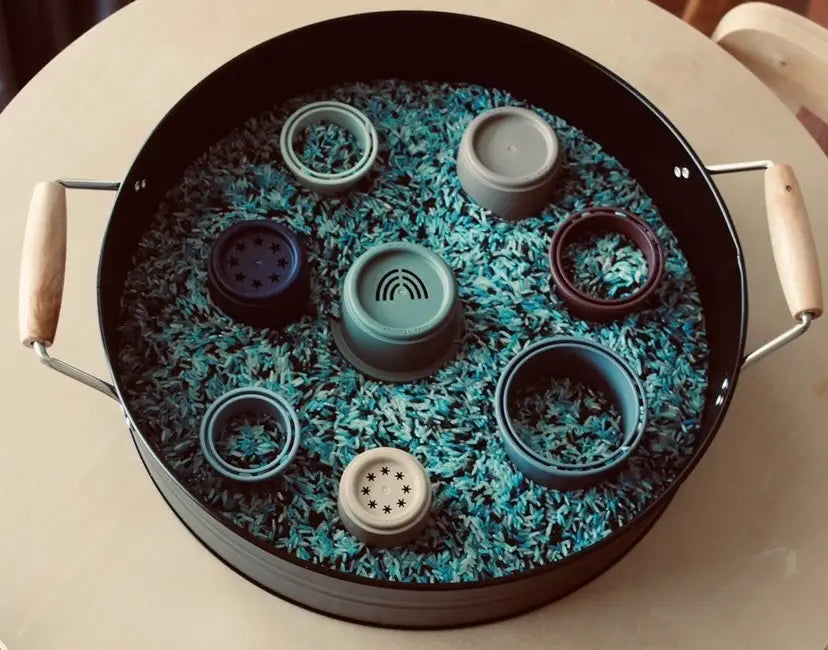 Safe Sensory Play Ideas for 6 Months + 4 sensory play with rice and mushie forest stacking cups how to make sensory rice safe sensory play for 6 months +