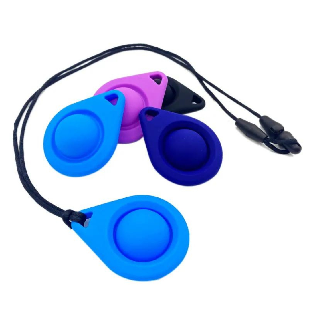 Silicone Sensory Necklace Sensory necklaces are great for kids ages 3+. Discreet and can be worn under tee-shirts at school, in times of stress, anxiety or restlessness our sensory necklaces are there to help. Our block pendant necklaces come fitted with a safety break away clasp like all our silicone jewellery. Blocks are currently available in Blue, Red, Yellow, Green, Orange and Turquoise. Easy adjustable length from child to adult.