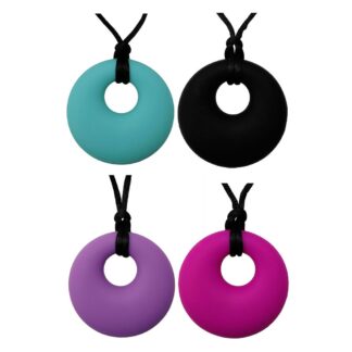 Silicone Sensory Necklace Round Pendant Sensory necklaces are great for kids ages 3+. Great for adults too. Discreet and can be worn under tee-shirts at school, in times of stress, anxiety or restlessness our sensory necklaces are there to help. Our pendant necklaces come fitted with a safety break away clasp like all our silicone jewellery. Our round pendants are currently available in Black, Turquoise, Hot Pink and Purple. Easy adjustable length from child to adult.