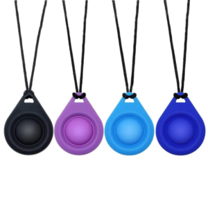 Silicone Sensory Necklace Sensory necklaces are great for kids ages 3+. Discreet and can be worn under tee-shirts at school, in times of stress, anxiety or restlessness our sensory necklaces are there to help. Our block pendant necklaces come fitted with a safety break away clasp like all our silicone jewellery. Blocks are currently available in Blue, Red, Yellow, Green, Orange and Turquoise. Easy adjustable length from child to adult.